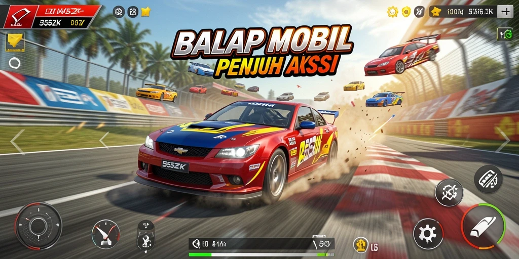 Tampilan gameplay penuh aksi dalam 555ZK saat balapan.