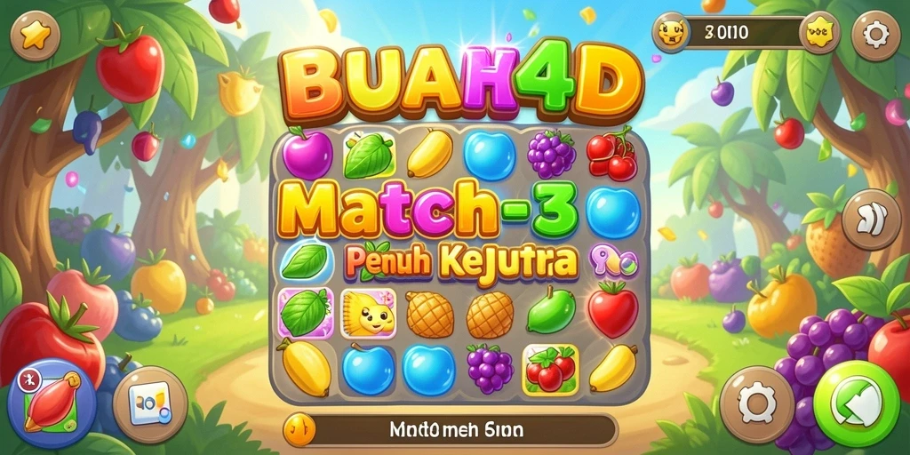 Tampilan buah-buahan berwarna-warni dalam gameplay Match-3.