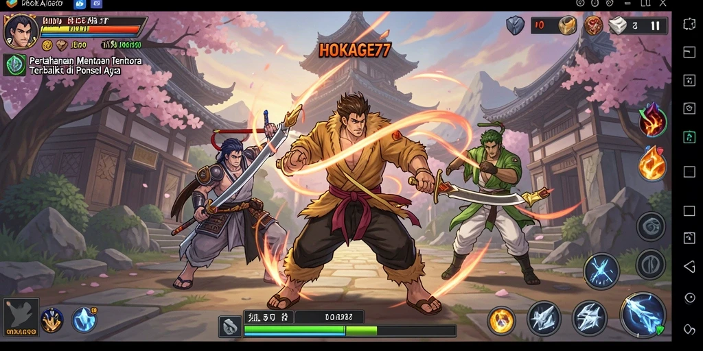 Screenshot HOKAGE77 menampilkan aksi menara dalam pertempuran Tower Defense.