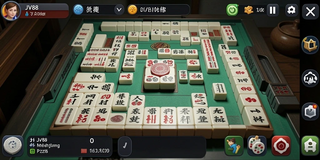 Tampilan gameplay JV88 menampilkan pengaturan ubin Mahjong yang menarik.