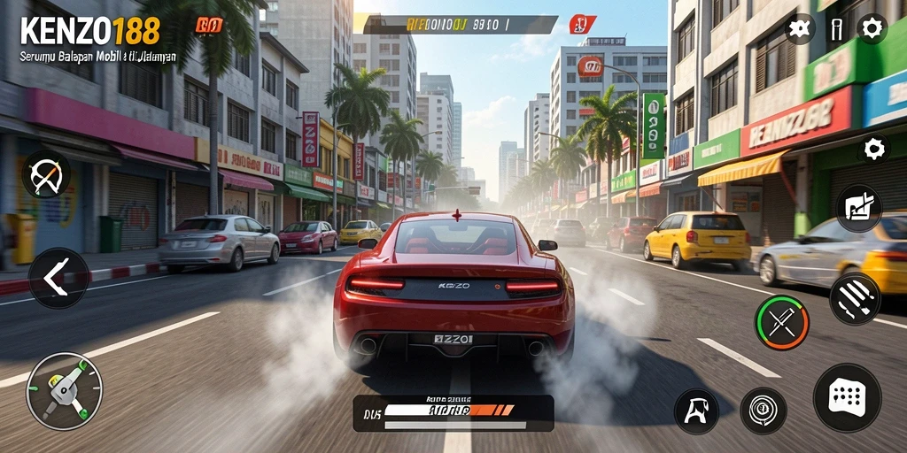Screenshot gameplay KENZO188 dengan grafik balap mobil yang menakjubkan.