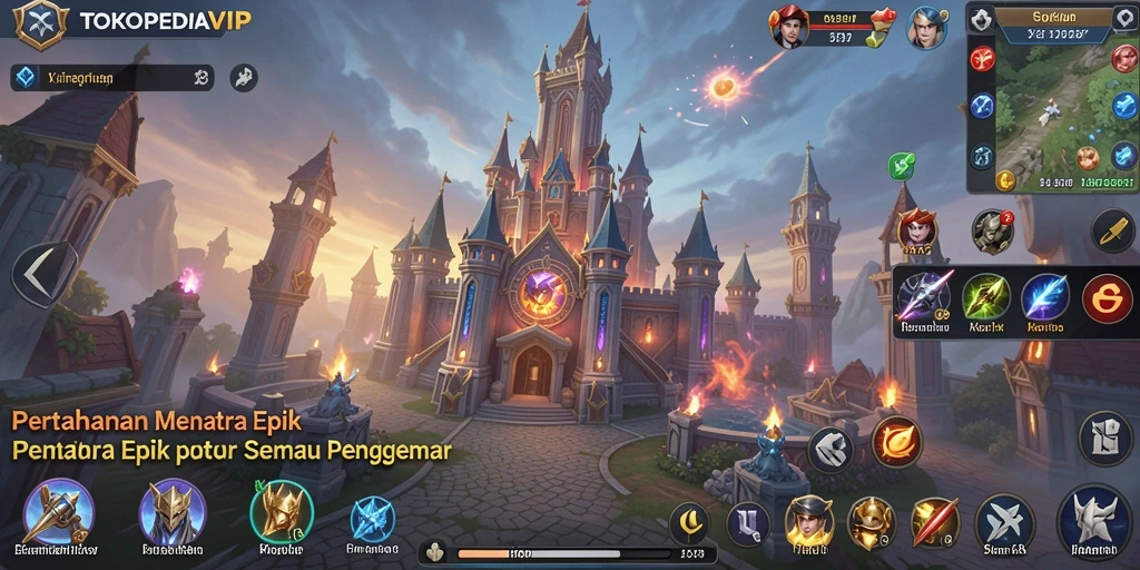 Screenshot gameplay TOKOPEDIAVIP menampilkan menara yang kuat menghentikan serangan musuh.